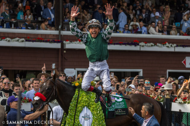 From yesterday:  Frankie Dettori got his first Met Mile win aboard Raging Torrent on the @belmontstakes undercard.

Shot for the @saratoga_special 

© Samantha Decker.  All rights reserved.  Permission must be obtained for reuse.
.
.
.
.
.
#iloveny #ilovenewyork #upstateny #upstatenewyork #thisisuspstate #newyorkonly #newyorksbackyard #saratogacounty #ilovesaratoga #saratoga #saratogasprings #saratogaspringsny #discoversaratoga #canon #canonphotography #teamcanon #horsesofinstagram #thoroughbredsofinstagram #saratogaracetrack #saratogaracecourse